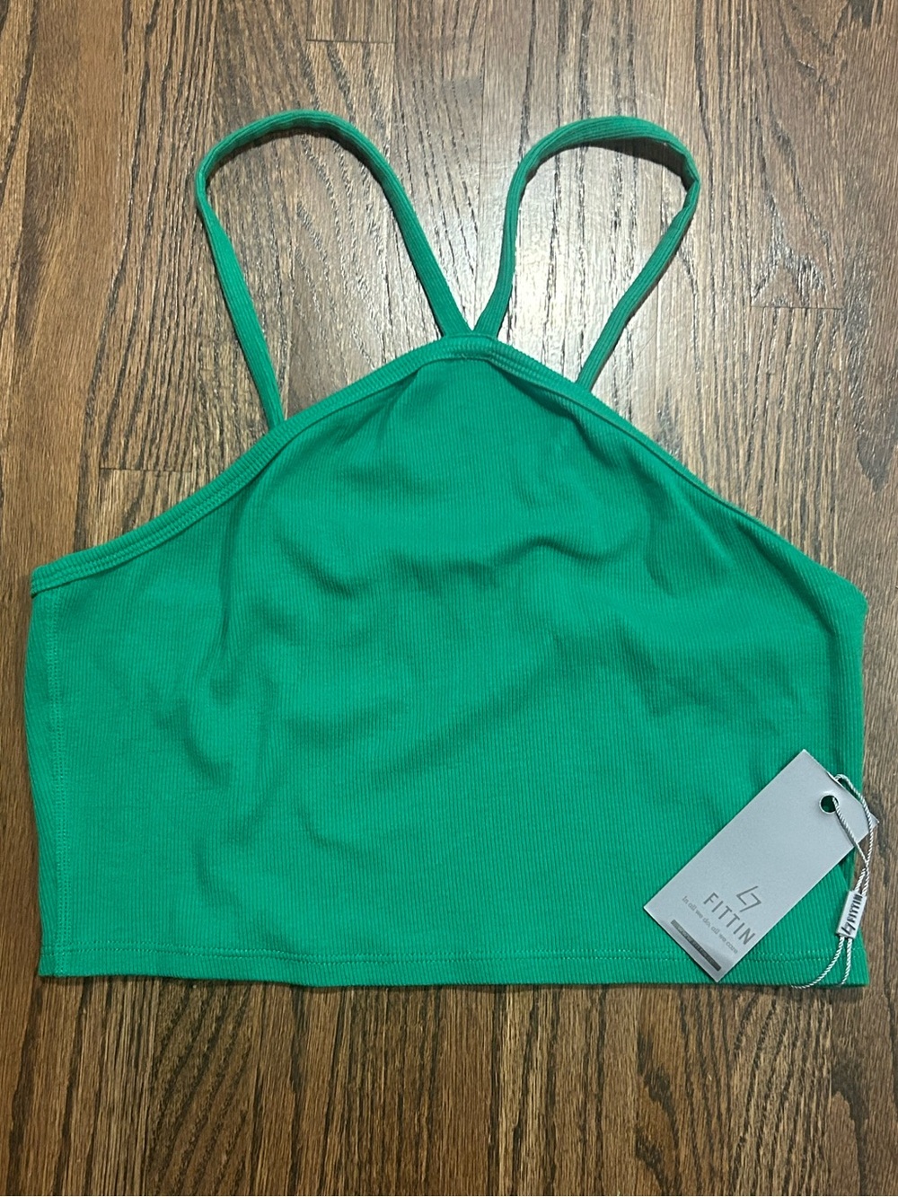NWT FITTIN Kelly Green Ribbed High Neck Crop Tank Top Size M
